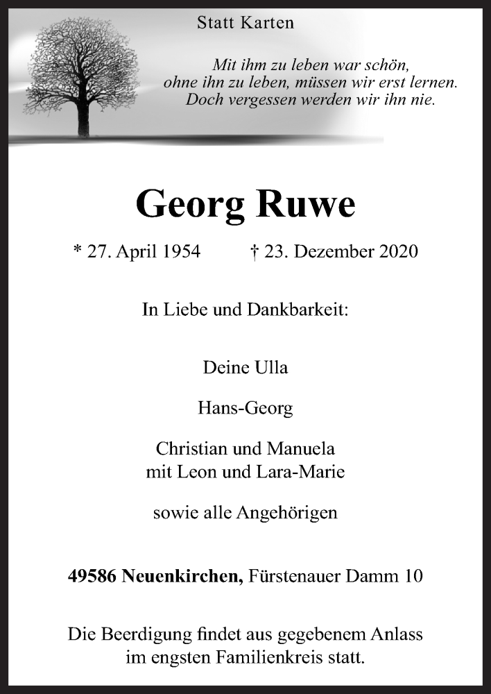  Traueranzeige für Georg Ruwe vom 28.12.2020 aus Neue Osnabrücker Zeitung GmbH & Co. KG