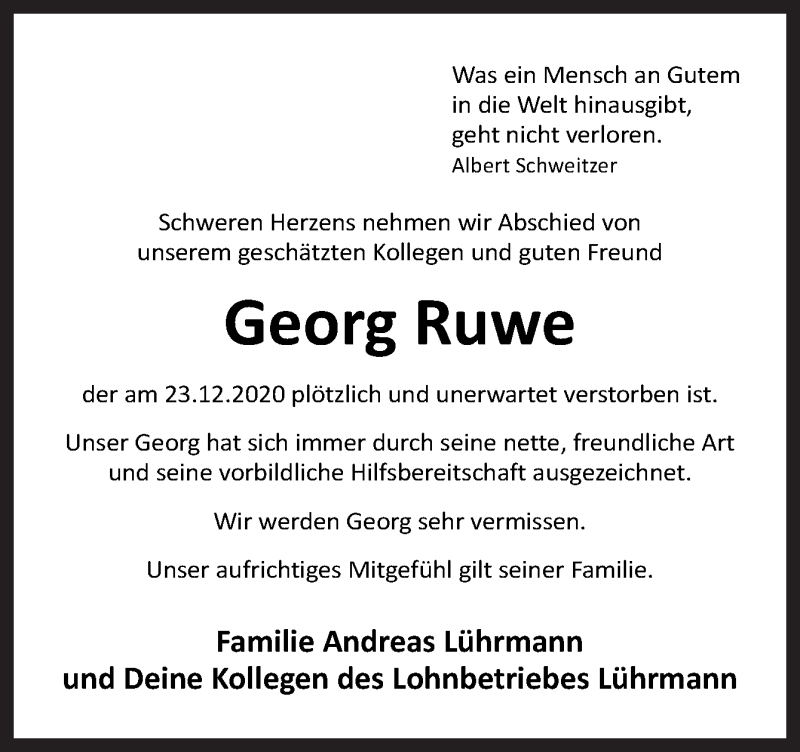  Traueranzeige für Georg Ruwe vom 28.12.2020 aus Neue Osnabrücker Zeitung GmbH & Co. KG