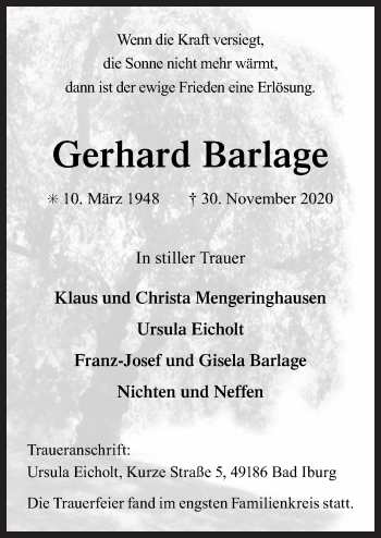 Traueranzeige von Gerhard Barlage von Neue Osnabrücker Zeitung GmbH & Co. KG