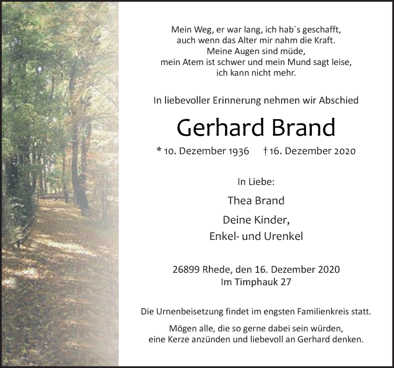  Traueranzeige für Gerhard Brand vom 18.12.2020 aus Neue Osnabrücker Zeitung GmbH & Co. KG