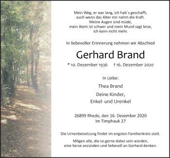 Traueranzeige von Gerhard Brand von Neue Osnabrücker Zeitung GmbH & Co. KG