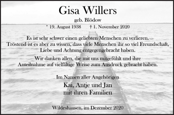 Traueranzeige von Gisa Willers von Neue Osnabrücker Zeitung GmbH & Co. KG