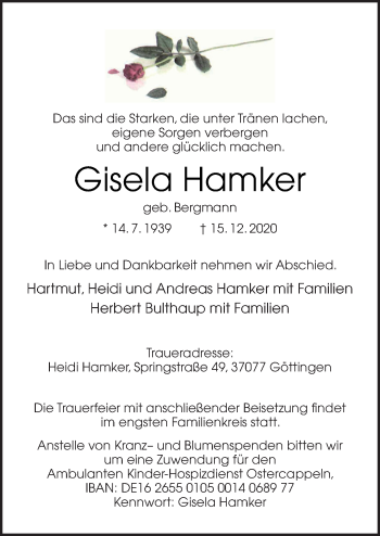 Traueranzeige von Gisela Hamker von Neue Osnabrücker Zeitung GmbH & Co. KG