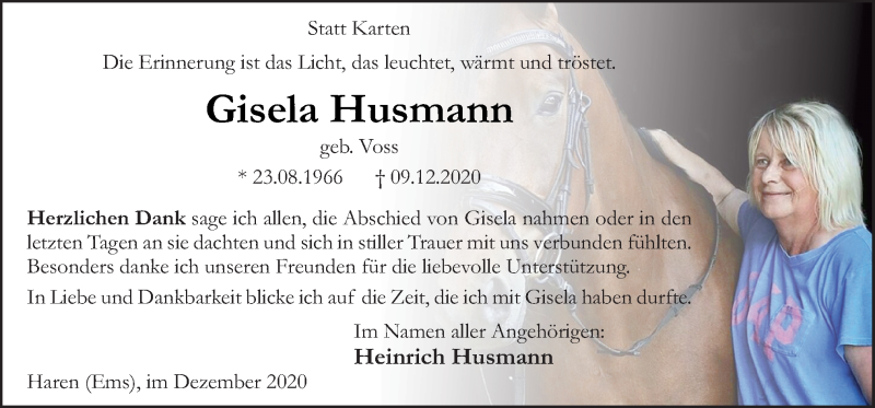  Traueranzeige für Gisela Husmann vom 30.12.2020 aus Neue Osnabrücker Zeitung GmbH & Co. KG