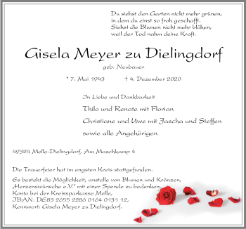 Traueranzeige von Gisela Meyer zu Dielingdorf von Neue Osnabrücker Zeitung GmbH & Co. KG