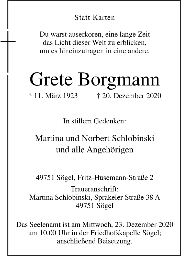  Traueranzeige für Grete Borgmann vom 22.12.2020 aus Neue Osnabrücker Zeitung GmbH & Co. KG