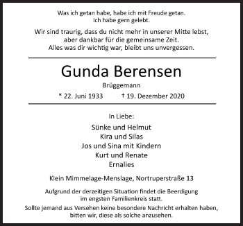 Traueranzeige von Gunda Berensen von Neue Osnabrücker Zeitung GmbH & Co. KG