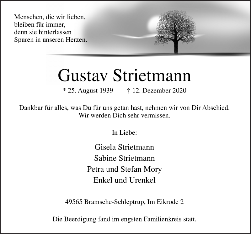  Traueranzeige für Gustav Strietmann vom 23.12.2020 aus Neue Osnabrücker Zeitung GmbH & Co. KG