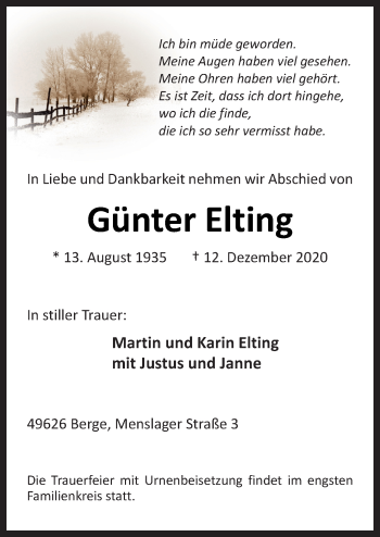Traueranzeige von Günter Elting von Neue Osnabrücker Zeitung GmbH & Co. KG