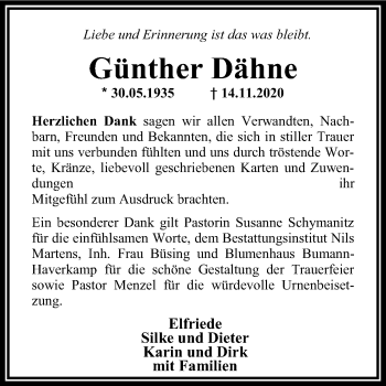 Traueranzeige von Günther Dähne von Neue Osnabrücker Zeitung GmbH & Co. KG