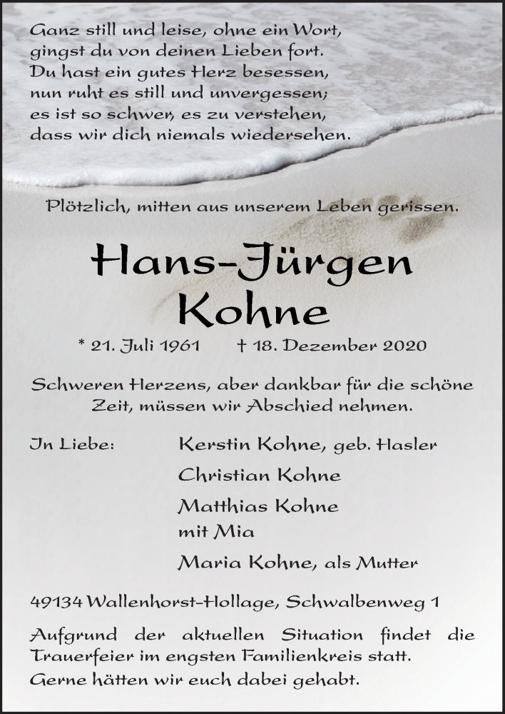  Traueranzeige für Hans-Jürgen Kohne vom 24.12.2020 aus Neue Osnabrücker Zeitung GmbH & Co. KG