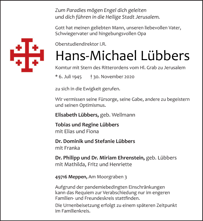  Traueranzeige für Hans-Michael Lübbers vom 05.12.2020 aus Neue Osnabrücker Zeitung GmbH & Co. KG