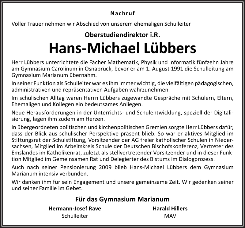  Traueranzeige für Hans-Michael Lübbers vom 05.12.2020 aus Neue Osnabrücker Zeitung GmbH & Co. KG