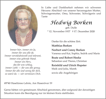 Traueranzeige von Hedwig Borken von Neue Osnabrücker Zeitung GmbH & Co. KG