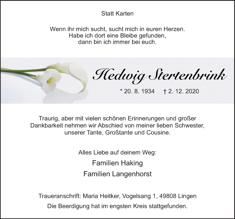  Traueranzeige für Hedwig Stertenbrink vom 12.12.2020 aus Neue Osnabrücker Zeitung GmbH & Co. KG