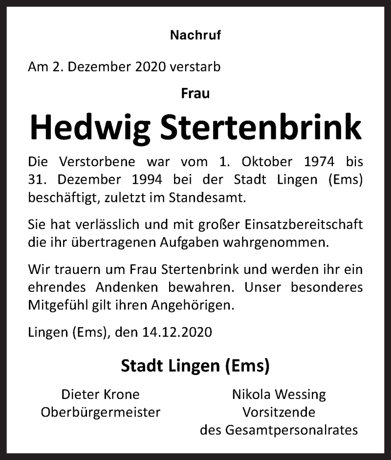  Traueranzeige für Hedwig Stertenbrink vom 19.12.2020 aus Neue Osnabrücker Zeitung GmbH & Co. KG