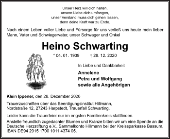 Traueranzeige von Heino Schwarting von Neue Osnabrücker Zeitung GmbH & Co. KG