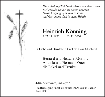 Traueranzeige von Heinrich Könning von Neue Osnabrücker Zeitung GmbH & Co. KG