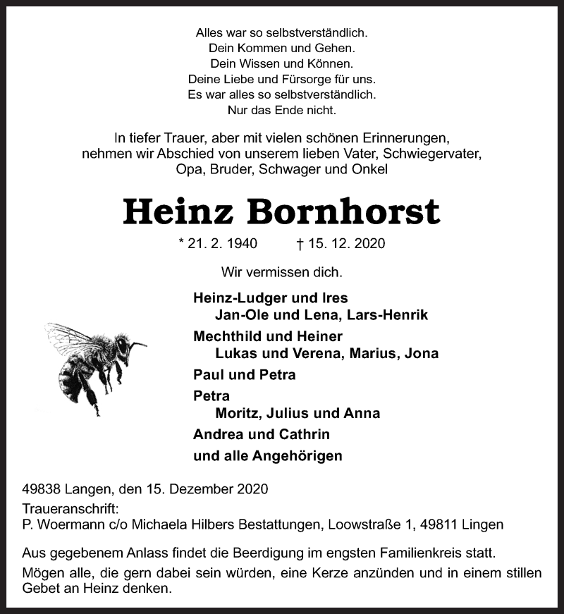 Traueranzeige für Heinz Bornhorst vom 19.12.2020 aus Neue Osnabrücker Zeitung GmbH & Co. KG