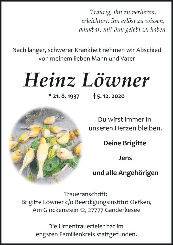  Traueranzeige für Heinz Löwner vom 19.12.2020 aus Neue Osnabrücker Zeitung GmbH & Co. KG
