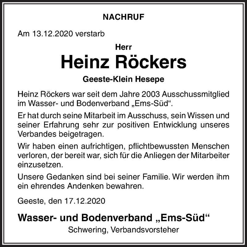  Traueranzeige für Heinz Röckers vom 17.12.2020 aus Neue Osnabrücker Zeitung GmbH & Co. KG