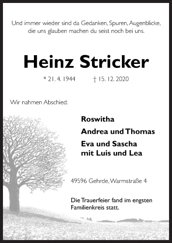 Traueranzeige von Heinz Stricker von Neue Osnabrücker Zeitung GmbH & Co. KG