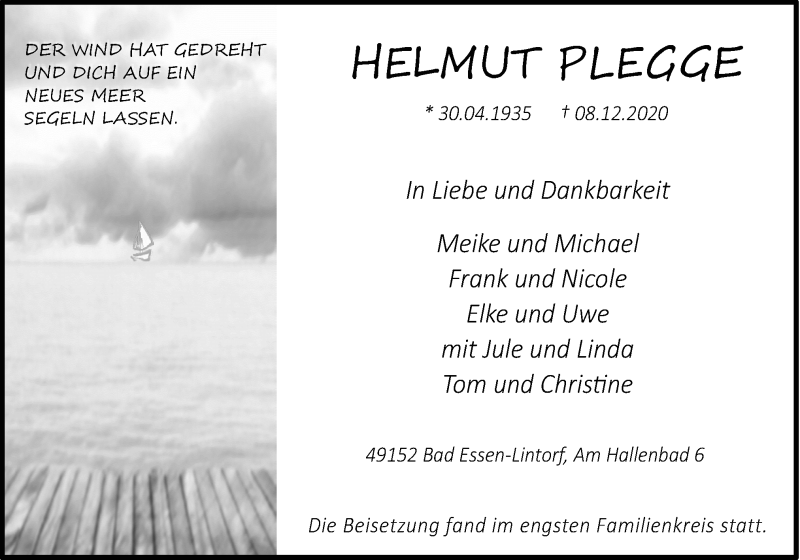  Traueranzeige für Helmut Plegge vom 12.12.2020 aus Neue Osnabrücker Zeitung GmbH & Co. KG