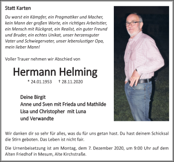 Traueranzeige von Hermann Helming von Neue Osnabrücker Zeitung GmbH & Co. KG