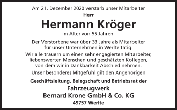 Traueranzeige von Hermann Kröger von Neue Osnabrücker Zeitung GmbH & Co. KG