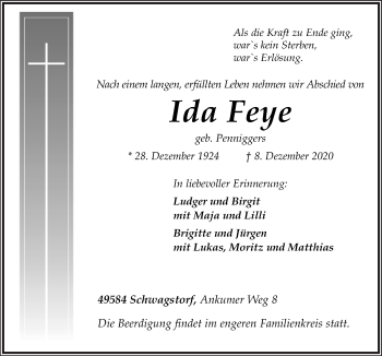 Traueranzeige von Ida Feye von Neue Osnabrücker Zeitung GmbH & Co. KG