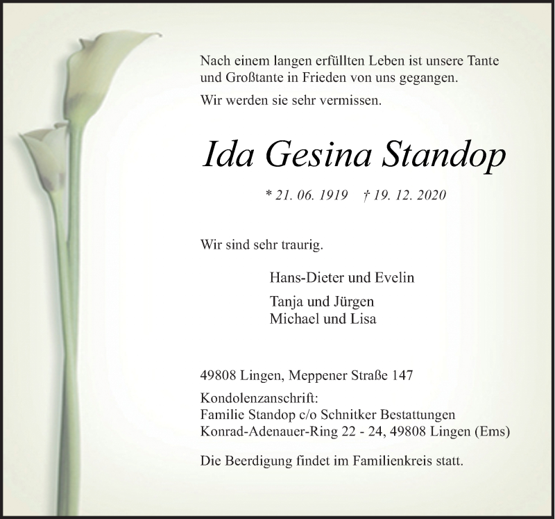  Traueranzeige für Ida Gesina Standop vom 24.12.2020 aus Neue Osnabrücker Zeitung GmbH & Co. KG