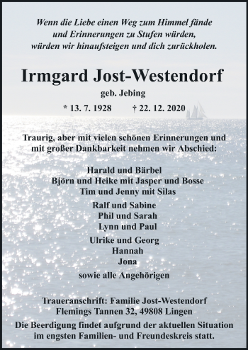 Traueranzeige von Irmgard Jost-Westendorf von Neue Osnabrücker Zeitung GmbH & Co. KG