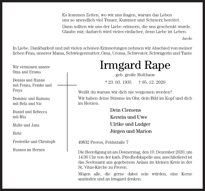  Traueranzeige für Irmgard Rape vom 07.12.2020 aus Neue Osnabrücker Zeitung GmbH & Co. KG
