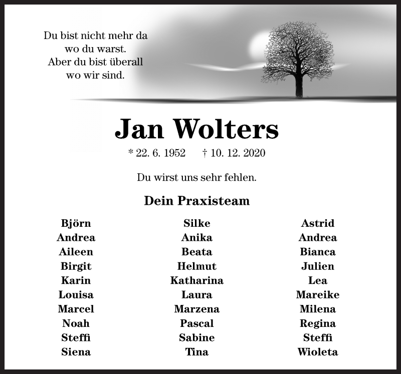  Traueranzeige für Jan Wolters vom 16.12.2020 aus Neue Osnabrücker Zeitung GmbH & Co. KG
