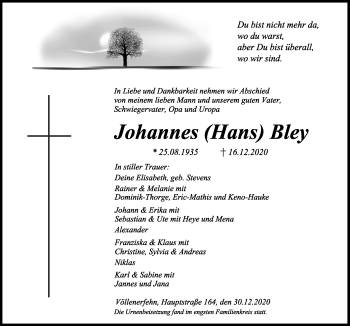 Traueranzeige von Johannes Bley von Neue Osnabrücker Zeitung GmbH & Co. KG