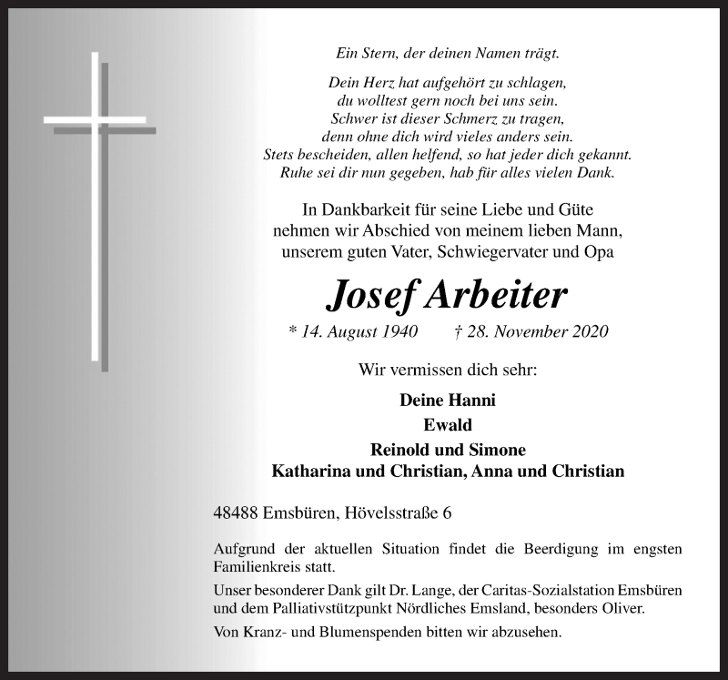  Traueranzeige für Josef Arbeiter vom 02.12.2020 aus Neue Osnabrücker Zeitung GmbH & Co. KG