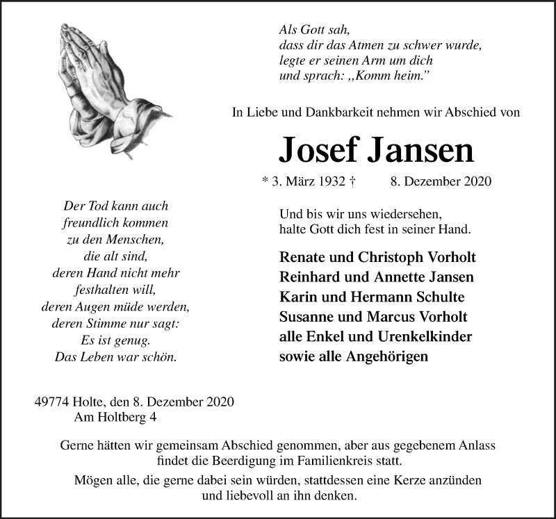 Traueranzeige für Josef Jansen vom 11.12.2020 aus Neue Osnabrücker Zeitung GmbH & Co. KG