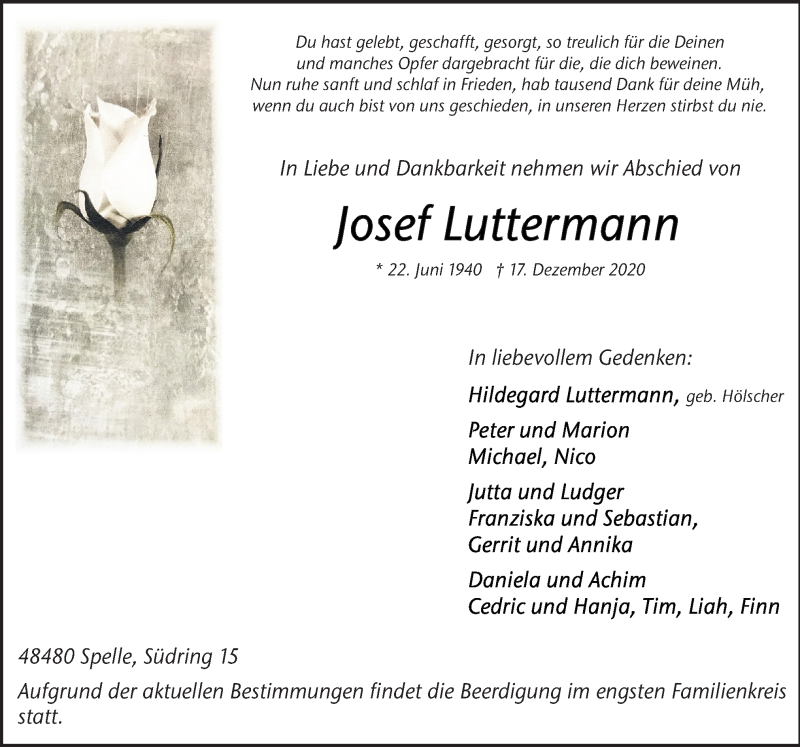  Traueranzeige für Josef Luttermann vom 19.12.2020 aus Neue Osnabrücker Zeitung GmbH & Co. KG