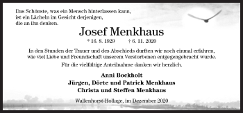 Traueranzeige von Josef Menkhaus von Neue Osnabrücker Zeitung GmbH & Co. KG