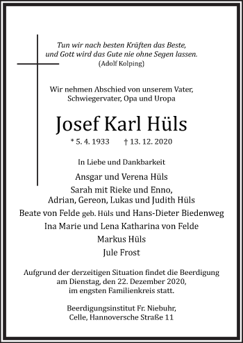 Traueranzeige von Josef Karl Hüls von Neue Osnabrücker Zeitung GmbH & Co. KG