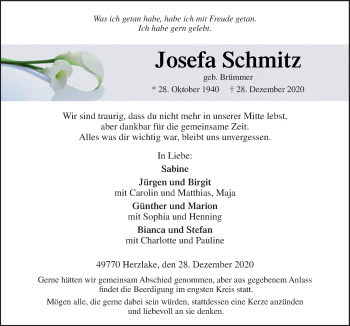 Traueranzeige von Josefa Schmitz von Neue Osnabrücker Zeitung GmbH & Co. KG