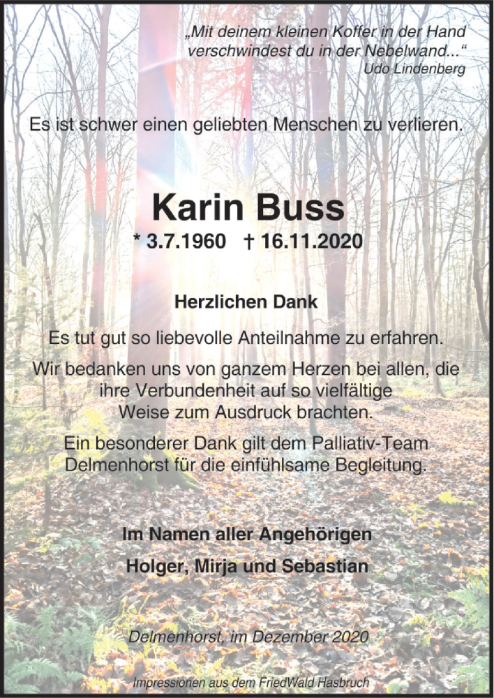  Traueranzeige für Karin Buss vom 23.12.2020 aus Neue Osnabrücker Zeitung GmbH & Co. KG