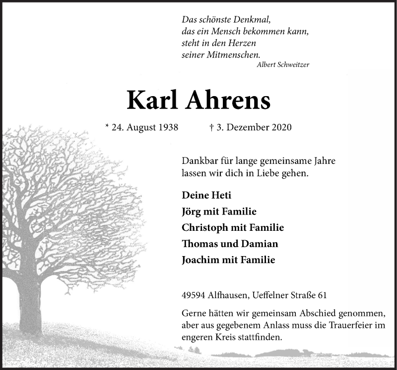  Traueranzeige für Karl Ahrens vom 07.12.2020 aus Neue Osnabrücker Zeitung GmbH & Co. KG