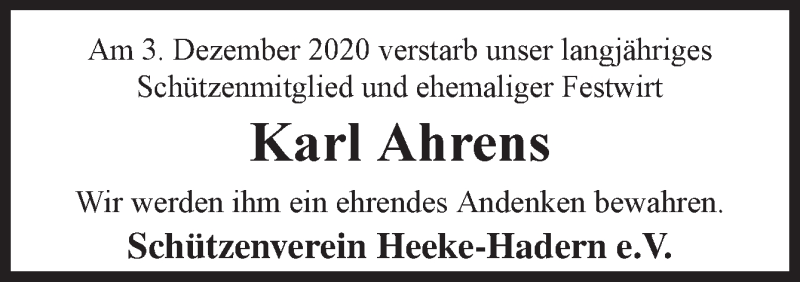  Traueranzeige für Karl Ahrens vom 08.12.2020 aus Neue Osnabrücker Zeitung GmbH & Co. KG