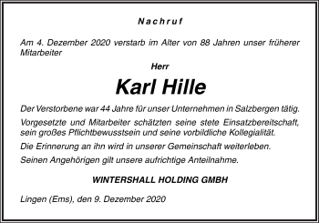 Traueranzeige von Karl Hille von Neue Osnabrücker Zeitung GmbH & Co. KG