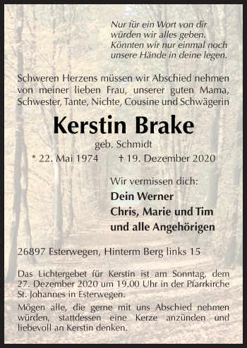 Traueranzeige von Kerstin Brake von Neue Osnabrücker Zeitung GmbH & Co. KG