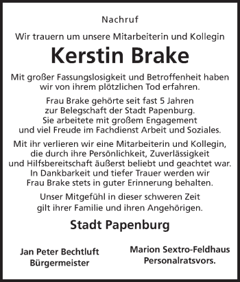 Traueranzeige von Kerstin Brake von Neue Osnabrücker Zeitung GmbH & Co. KG