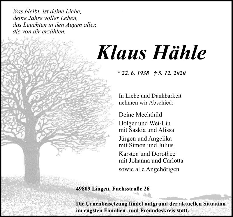  Traueranzeige für Klaus Hähle vom 09.12.2020 aus Neue Osnabrücker Zeitung GmbH & Co. KG