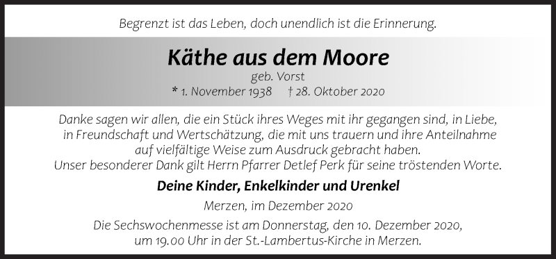  Traueranzeige für Käthe aus dem Moore vom 05.12.2020 aus Neue Osnabrücker Zeitung GmbH & Co. KG