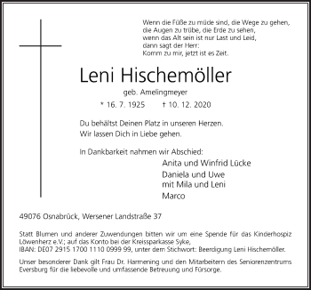 Traueranzeige von Leni Hischemöller von Neue Osnabrücker Zeitung GmbH & Co. KG